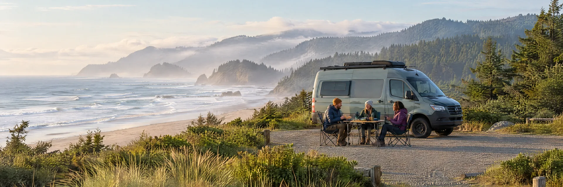Illustration of campers enjoying an outdoor meal beside a camper van in a fictional camping setting inspired by Cannon Beach, OR.
