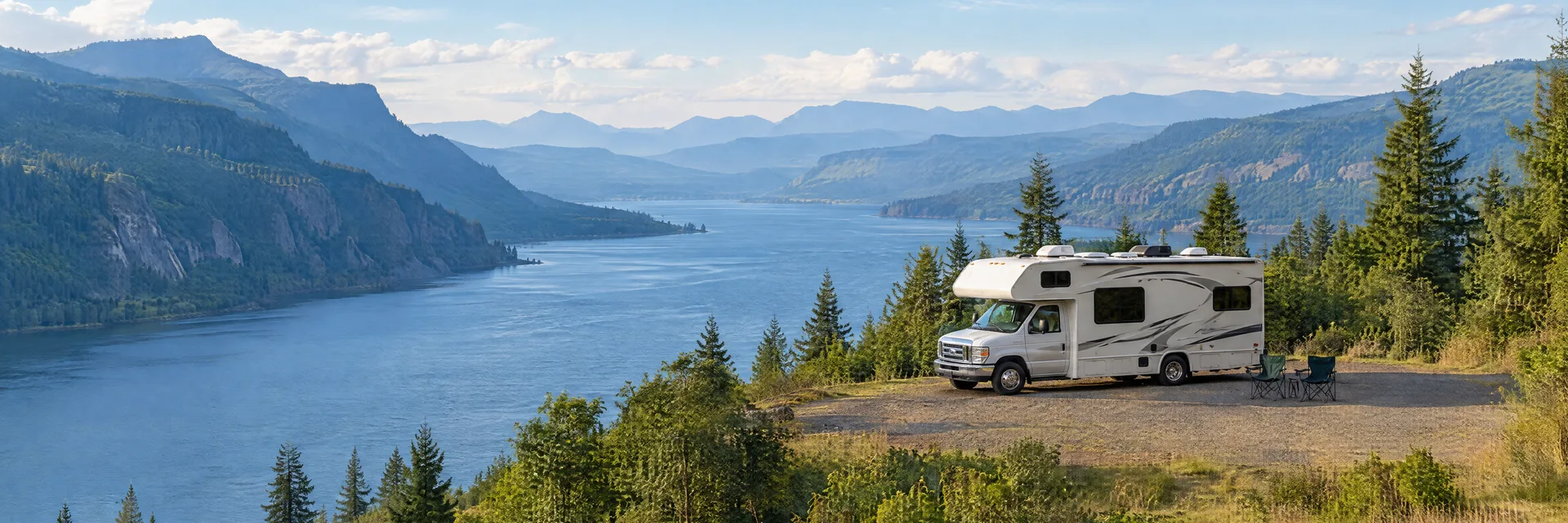 Illustration of a Class C motorhome at a fictional camping setting inspired by Cascade Locks, OR.