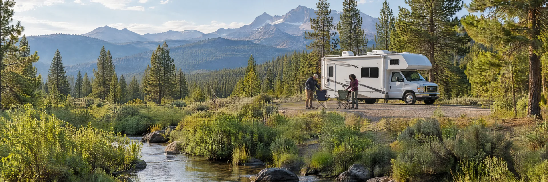 Illustration of campers enjoying setting up camp beside a Class C motorhome in a fictional camping setting inspired by Crescent, OR.