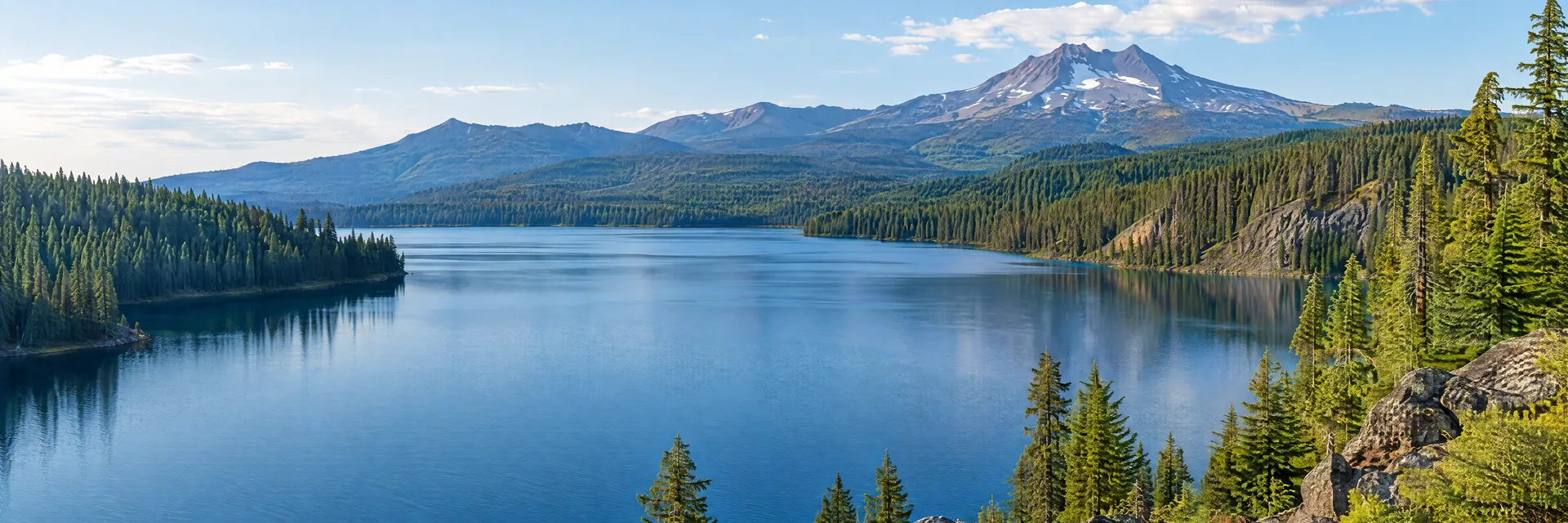 Illustration inspired by Diamond Lake, OR: oregon Cascade mountain lake, dense conifer forest and distant volcanic ridgeline.