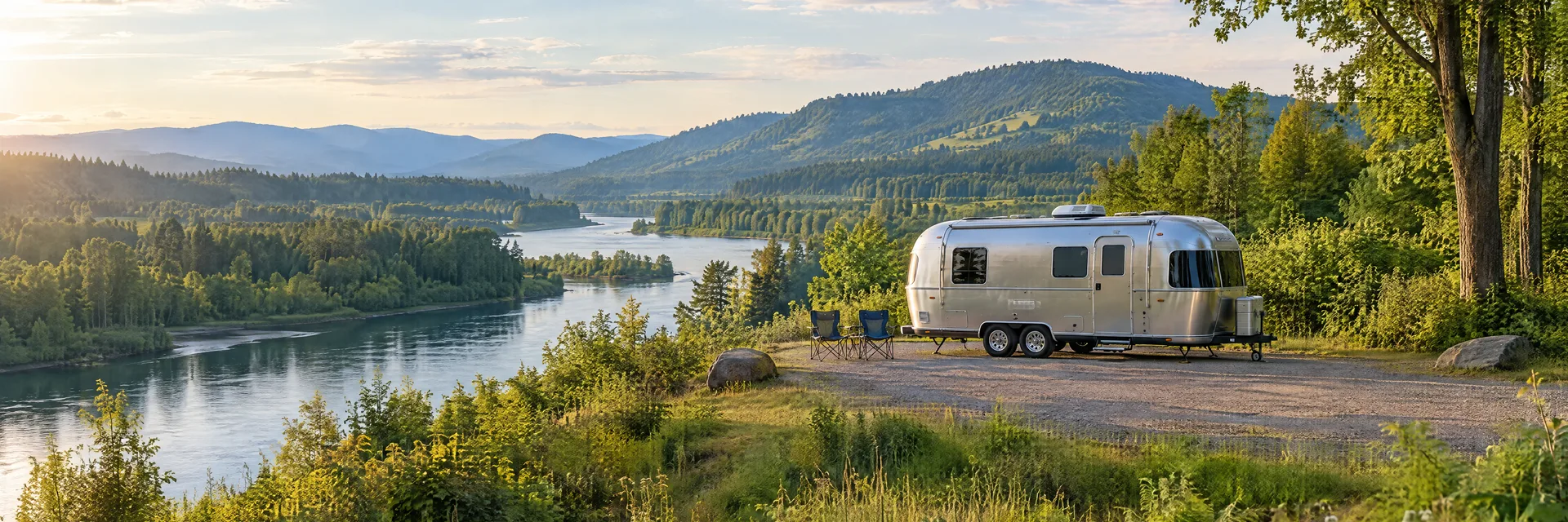 Illustration of a rounded silver travel trailer at a fictional camping setting inspired by Eugene, OR.