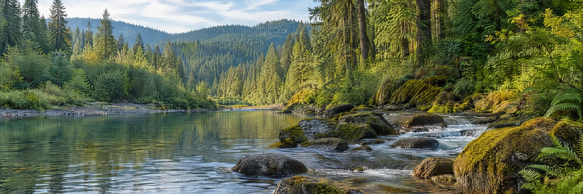 Illustration inspired by Fall Creek, OR: western Oregon forest creek with mossy stones and towering Douglas fir.