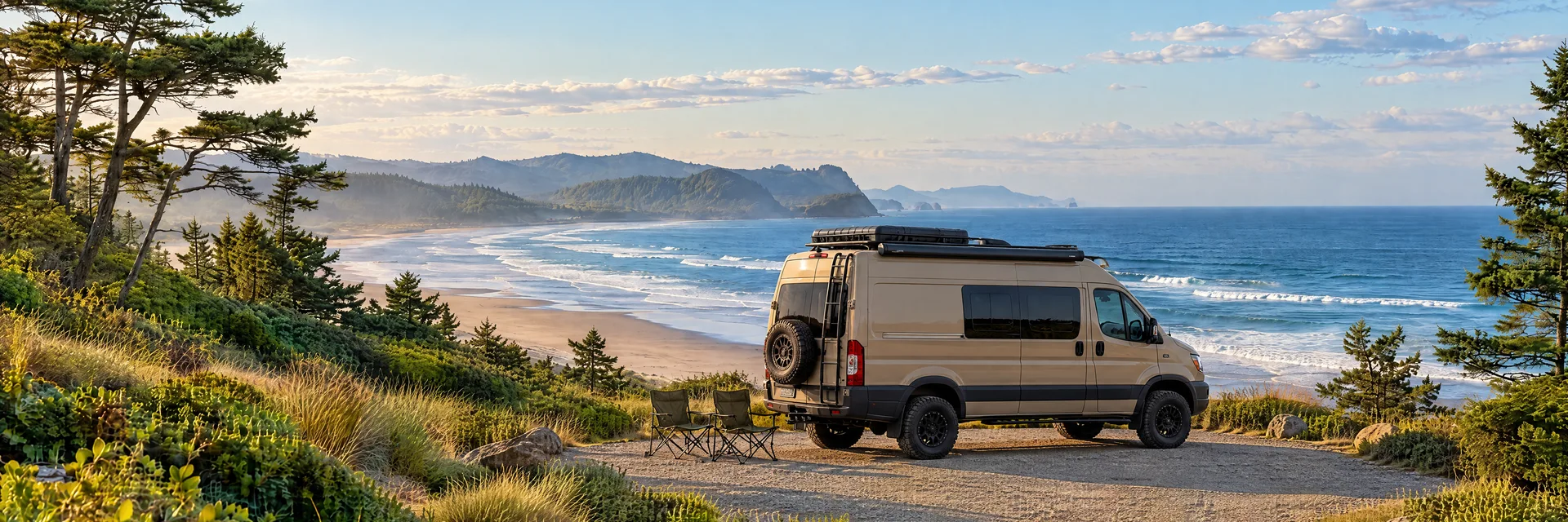 Illustration of a sand-colored rugged campervan at a fictional camping setting inspired by FLORENCE, OR.