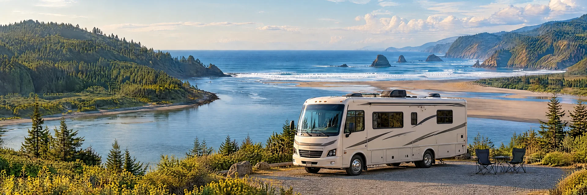 Illustration of a cream Class A motorhome with restrained charcoal trim at a fictional camping setting inspired by Gold Beach, OR.