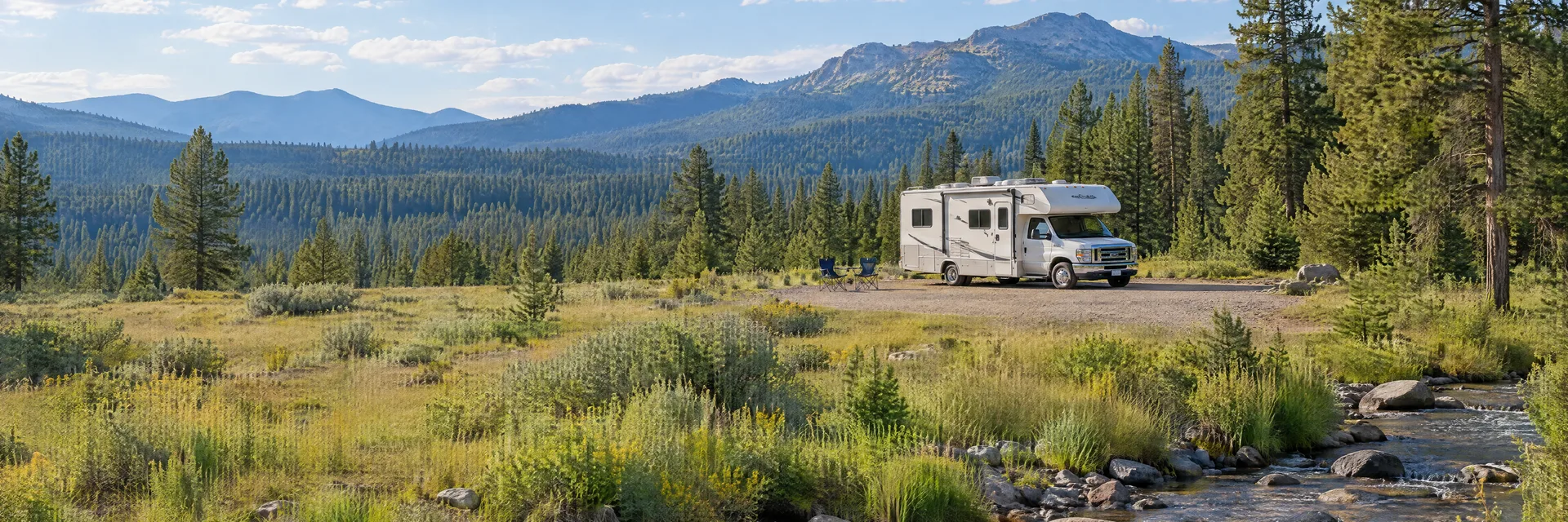 Illustration of a Class C motorhome at a fictional camping setting inspired by Granite, OR.