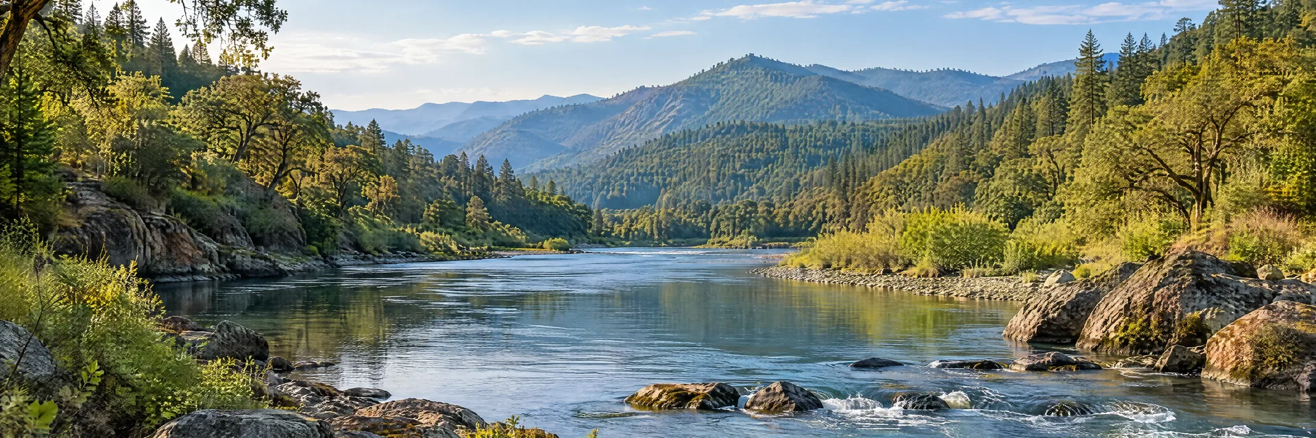 Illustration inspired by Grants Pass, OR: southern Oregon river with rocky banks, oak woodland and evergreen slopes.