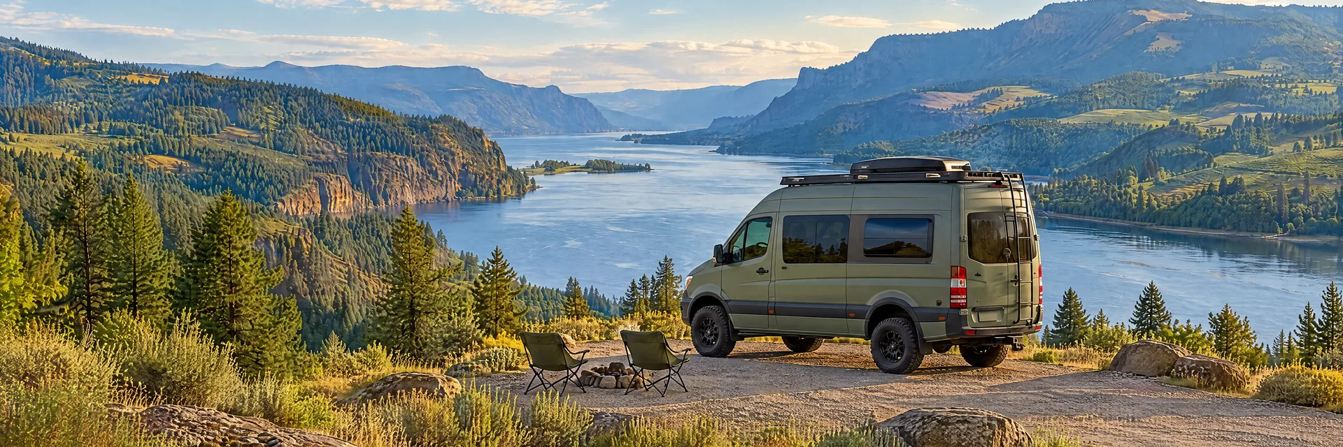 Illustration of a sage-green modern campervan at a fictional camping setting inspired by Hood River, OR.