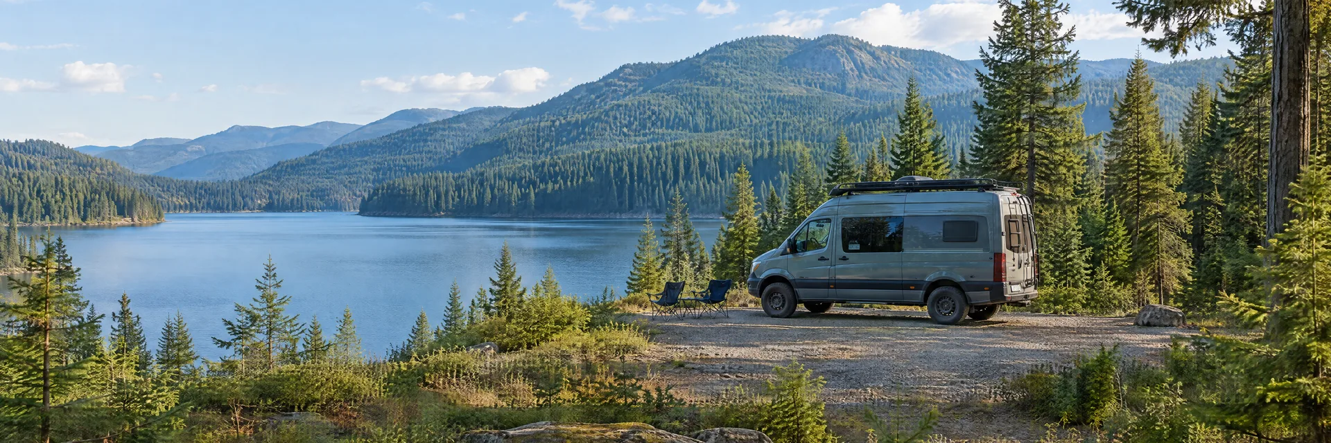 Illustration of a camper van at a fictional camping setting inspired by Lake Harriet, OR.
