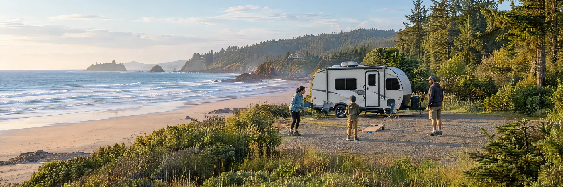 Illustration of campers enjoying family campsite activities beside a compact travel trailer in a fictional camping setting inspired by Lincoln Beach, OR.