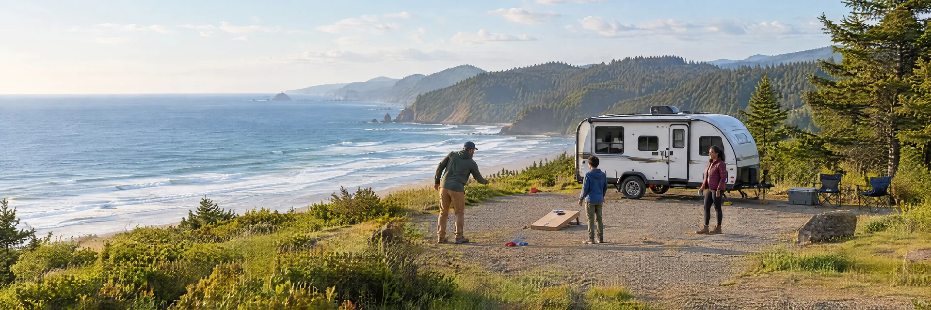 Illustration of campers enjoying family campsite activities beside a compact travel trailer in a fictional camping setting inspired by LINCOLN CITY, OR.