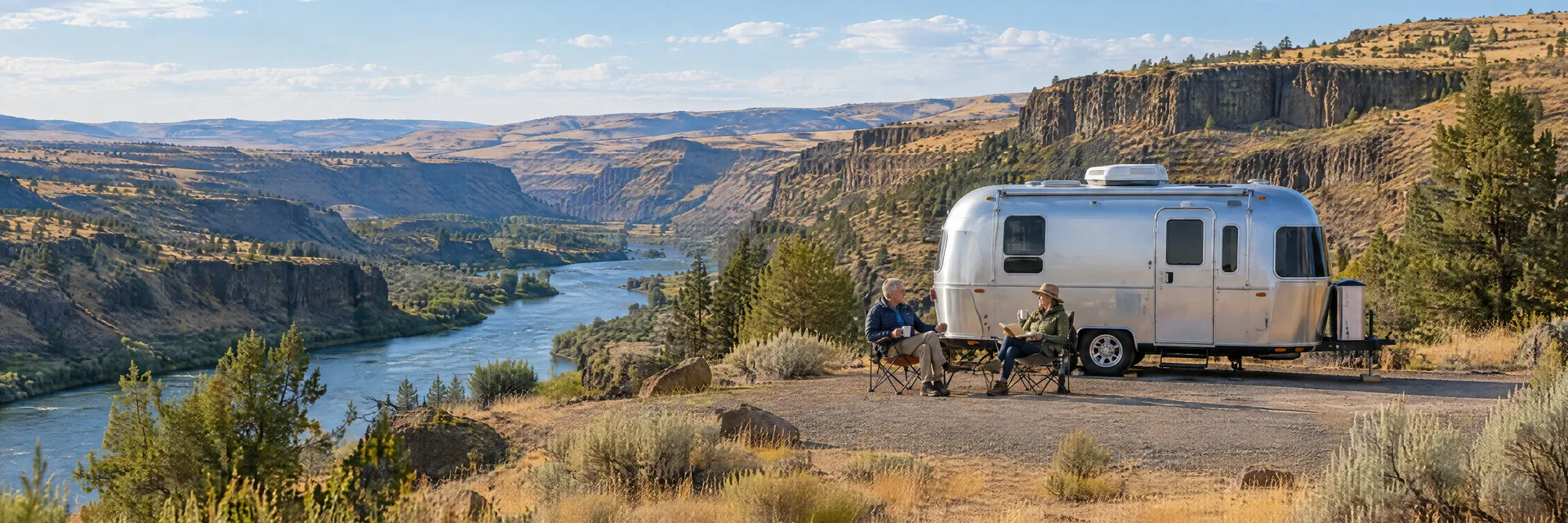 Illustration of campers enjoying relaxing at camp beside a rounded silver travel trailer in a fictional camping setting inspired by Maupin, OR.