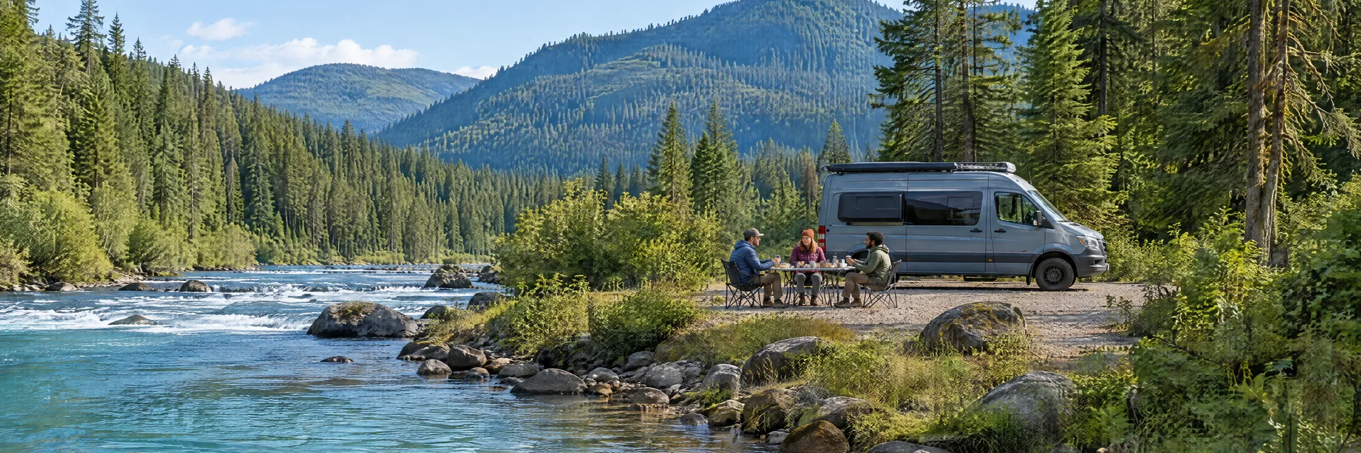 Illustration of campers enjoying an outdoor meal beside a camper van in a fictional camping setting inspired by Mckenzie Bridge, OR.