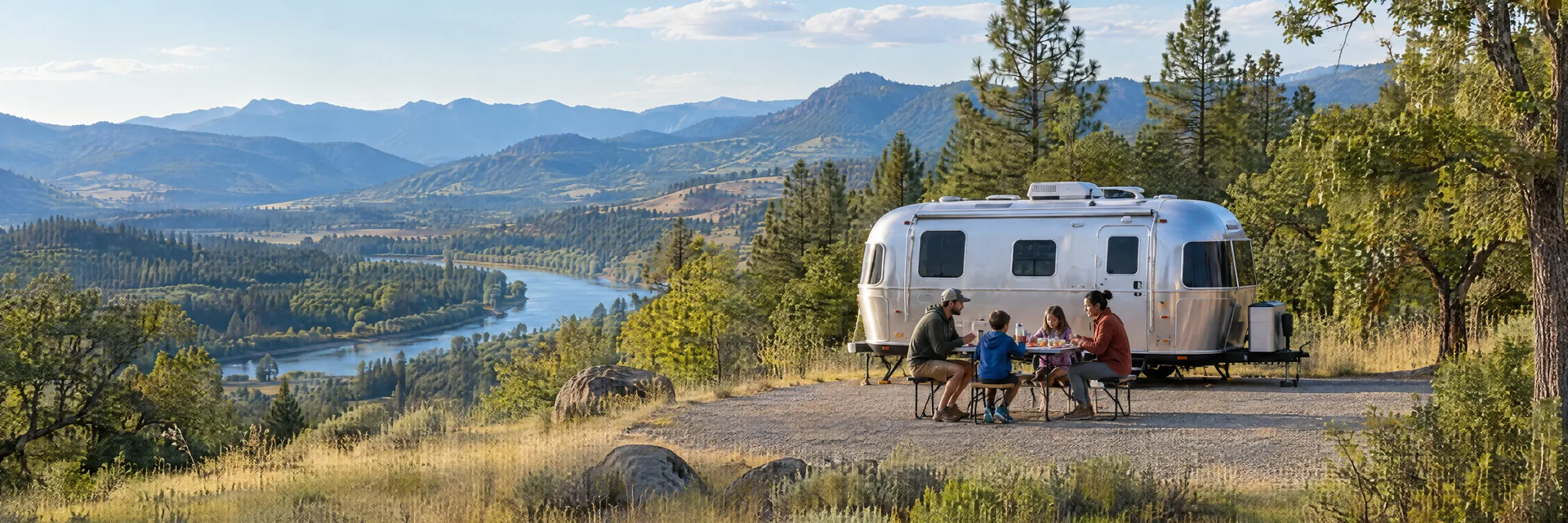 Illustration of campers enjoying a family picnic beside a rounded silver travel trailer in a fictional camping setting inspired by Medford, OR.