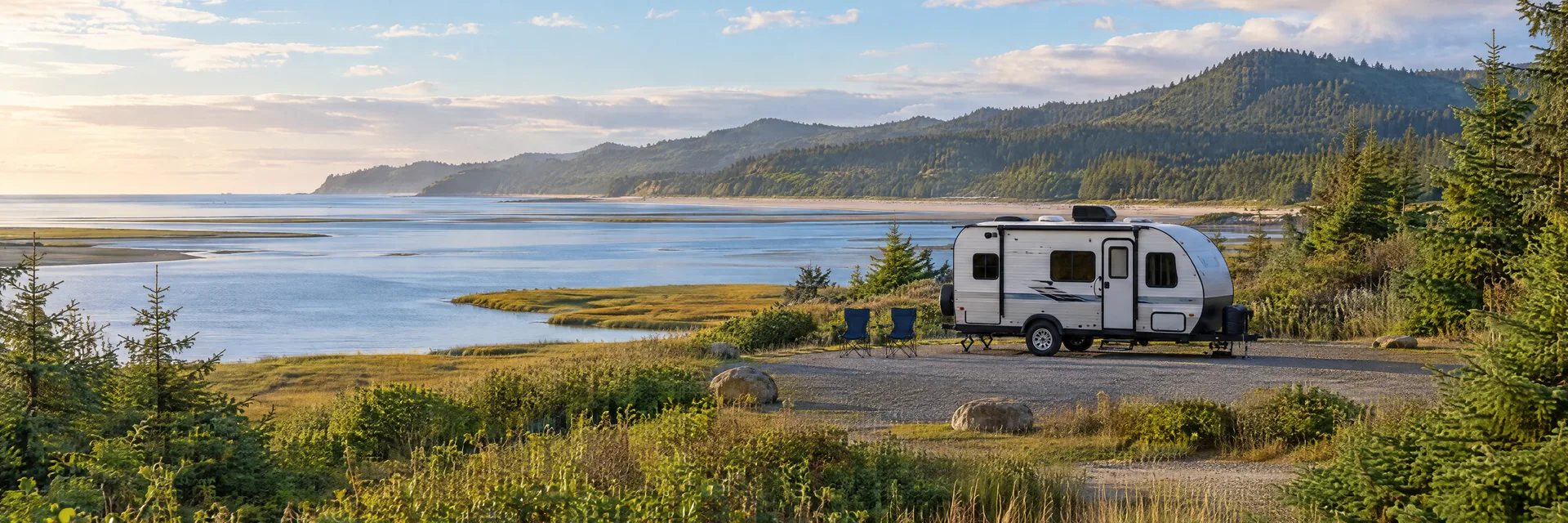 Illustration of a compact travel trailer at a fictional camping setting inspired by Nehalem, OR.