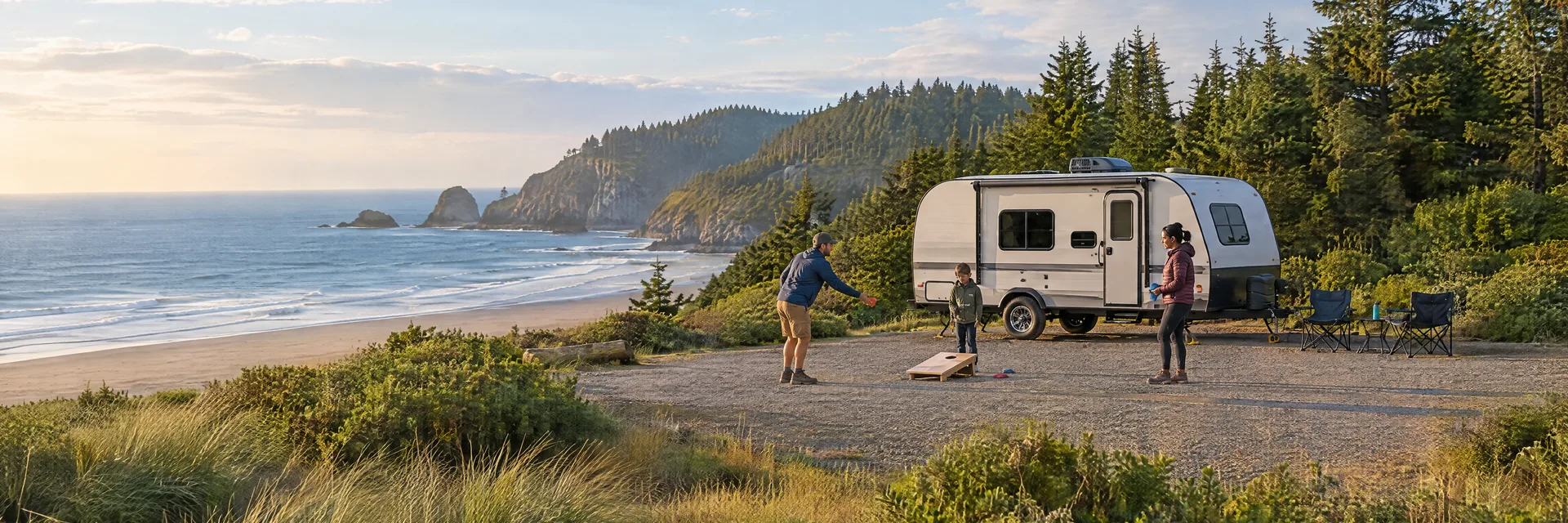 Illustration of campers enjoying family campsite activities beside a compact travel trailer in a fictional camping setting inspired by NEWPORT, OR.