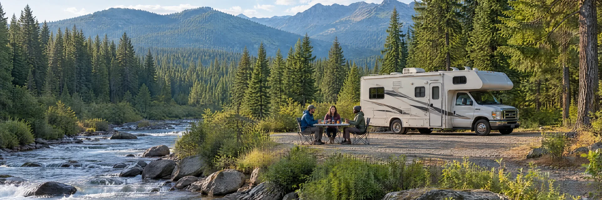 Illustration of campers enjoying an outdoor meal beside a Class C motorhome in a fictional camping setting inspired by Oakridge, OR.
