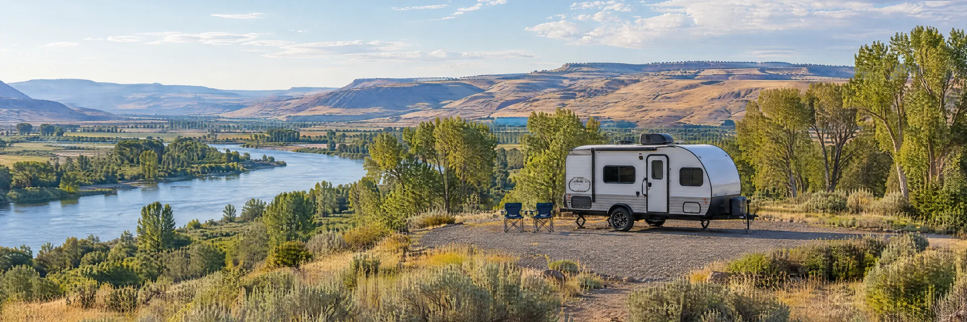 Illustration of a compact travel trailer at a fictional camping setting inspired by Ontario, OR.