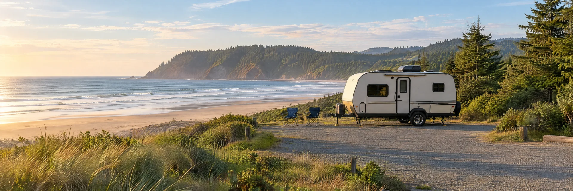 Illustration of a compact travel trailer at a fictional camping setting inspired by Pacific City, OR.
