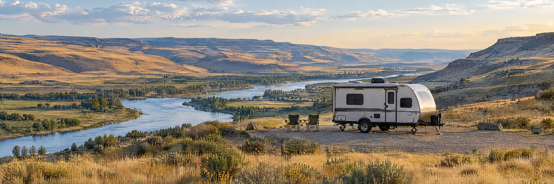Illustration of a compact travel trailer at a fictional camping setting inspired by Pendleton, OR.