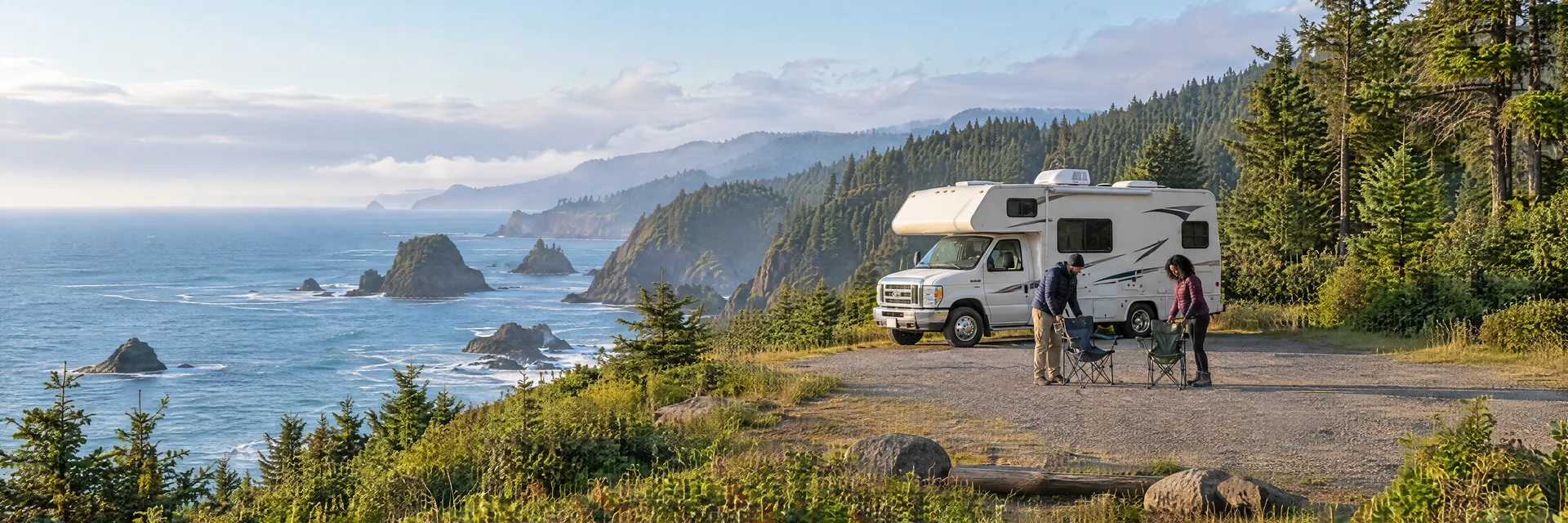 Illustration of campers enjoying setting up camp beside a Class C motorhome in a fictional camping setting inspired by Port Orford, OR.