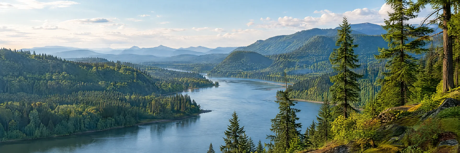 Illustration inspired by Portland, OR: oregon river corridor, tall Douglas fir trees and lush green hills.