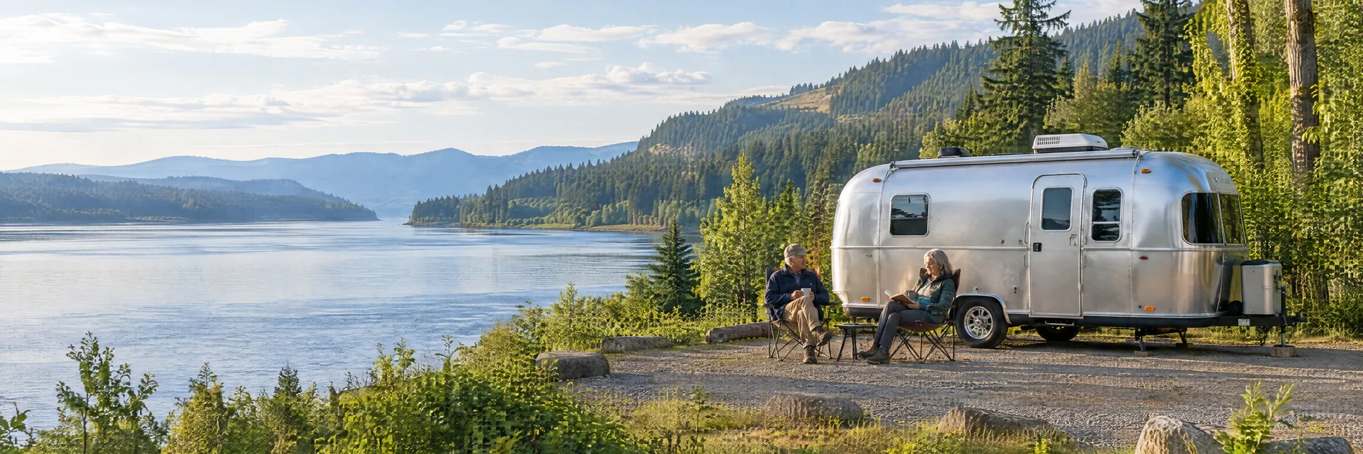 Illustration of campers enjoying relaxing at camp beside a rounded silver travel trailer in a fictional camping setting inspired by Rainier, OR.