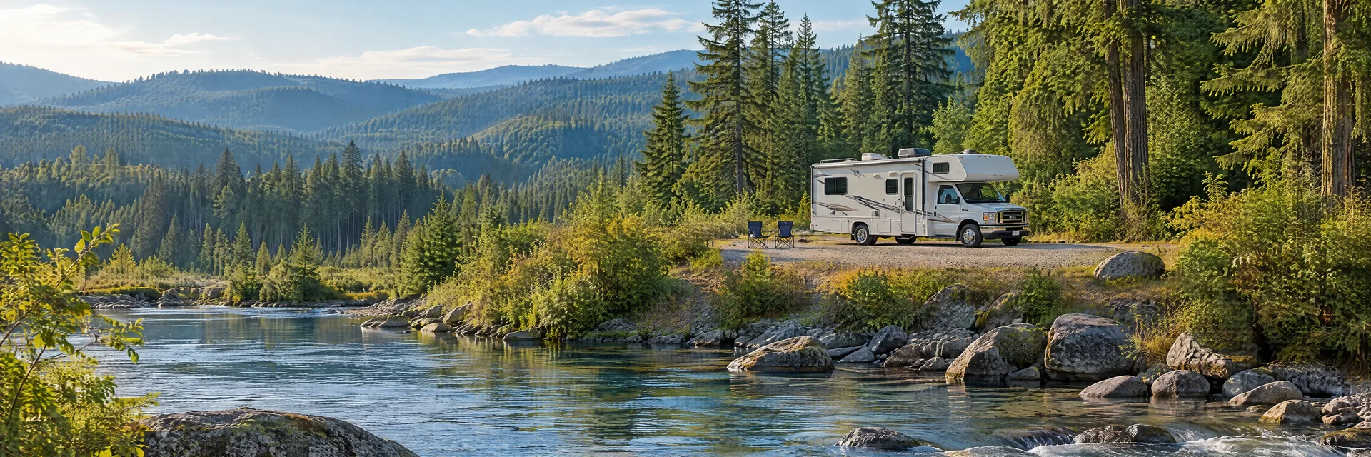 Illustration of a Class C motorhome at a fictional camping setting inspired by Rhododendron, OR.