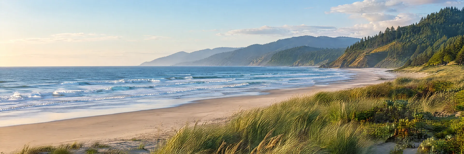 Illustration inspired by Rockaway Beach, OR: northern Oregon sandy Pacific beach, dune grass and forested coastal hills, no iconic sea stacks.