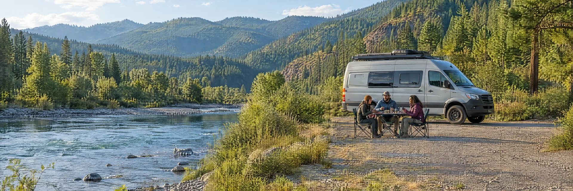 Illustration of campers enjoying an outdoor meal beside a camper van in a fictional camping setting inspired by Rogue River, OR.