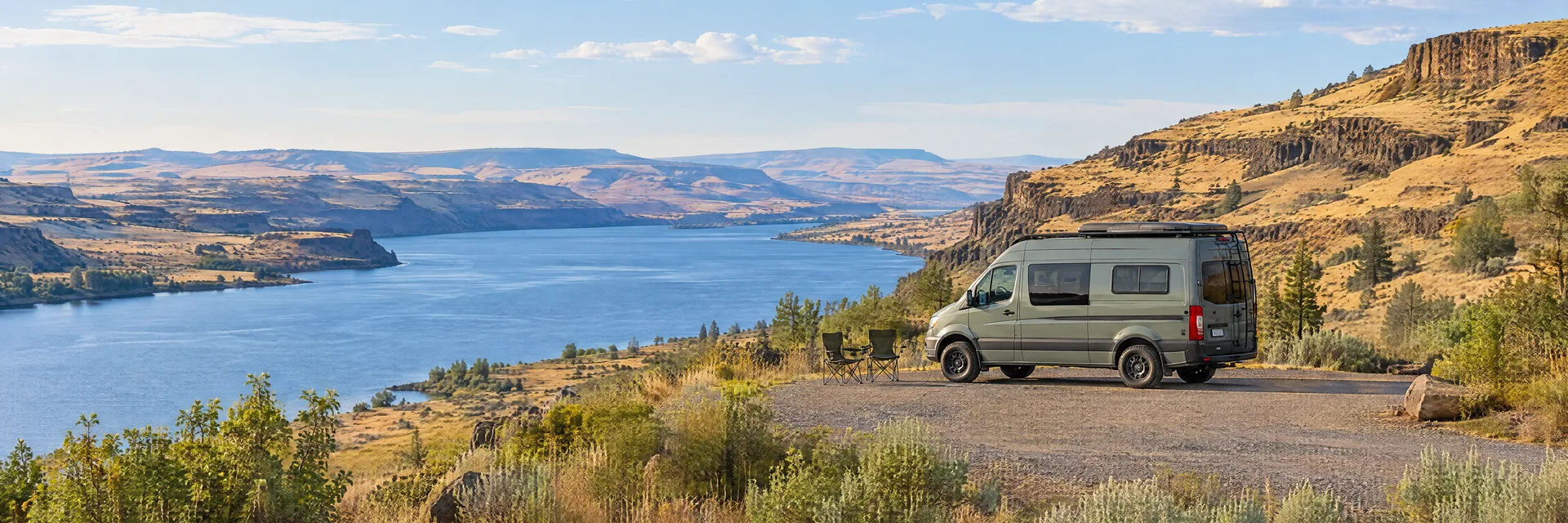 Illustration of a camper van at a fictional camping setting inspired by Rufus, OR.