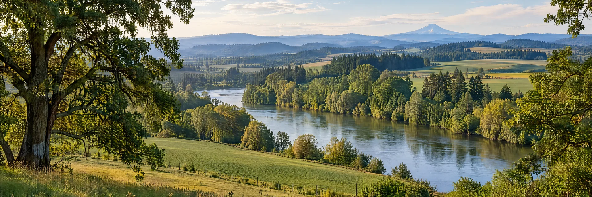 Illustration inspired by Salem, OR: willamette Valley rolling farmland margins with oak trees and wooded riverbank.