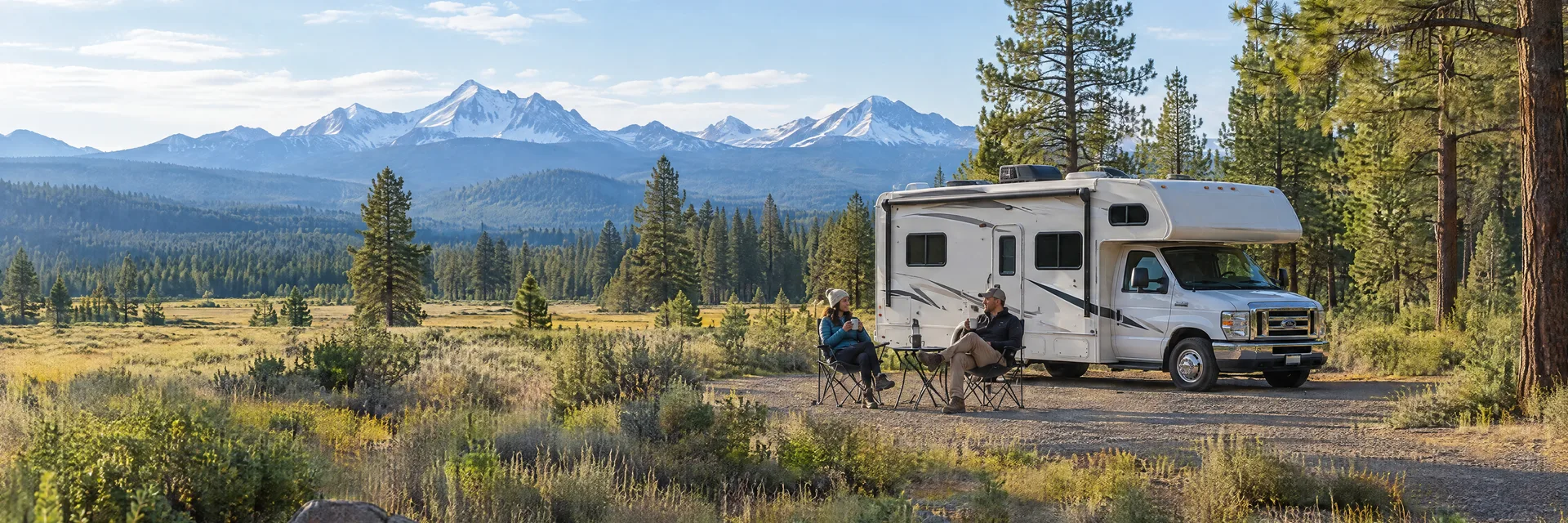 Illustration of campers enjoying morning coffee beside a Class C motorhome in a fictional camping setting inspired by Sisters, OR.