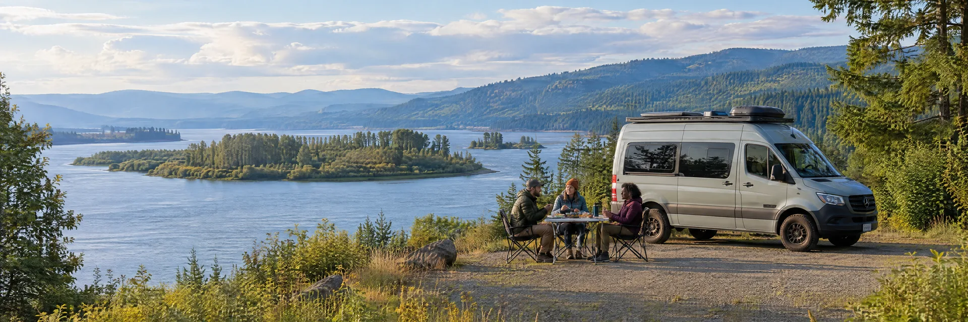 Illustration of campers enjoying an outdoor meal beside a camper van in a fictional camping setting inspired by St. Helens, OR.