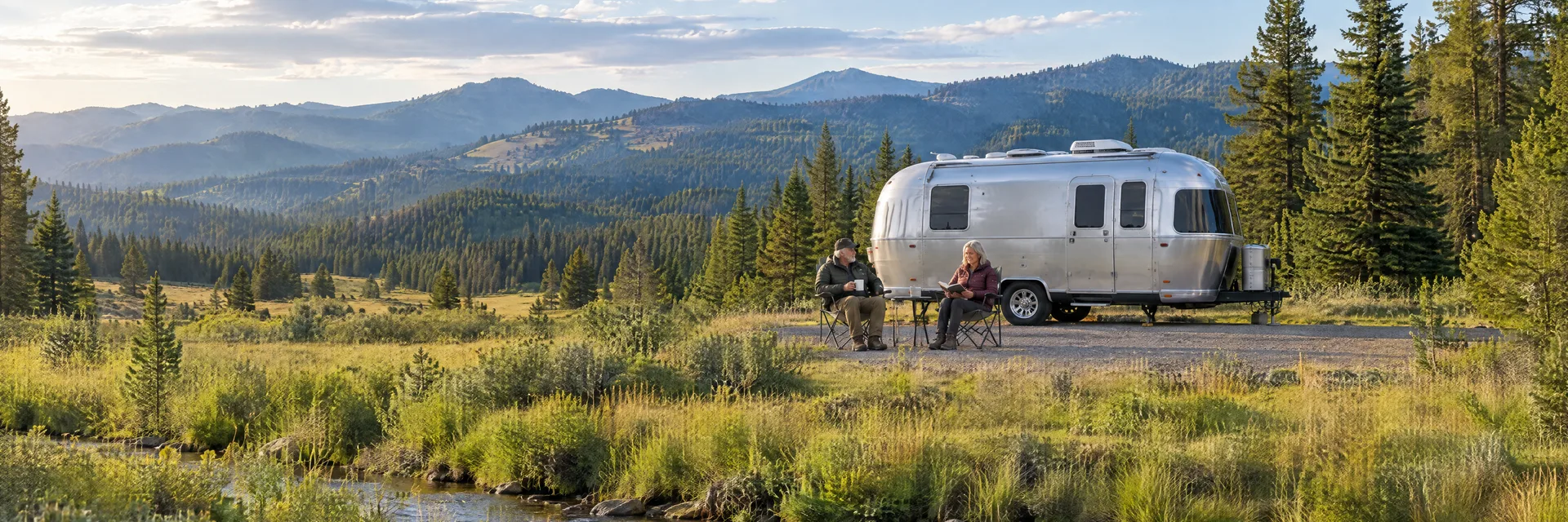 Illustration of campers enjoying relaxing at camp beside a rounded silver travel trailer in a fictional camping setting inspired by Sumpter, OR.