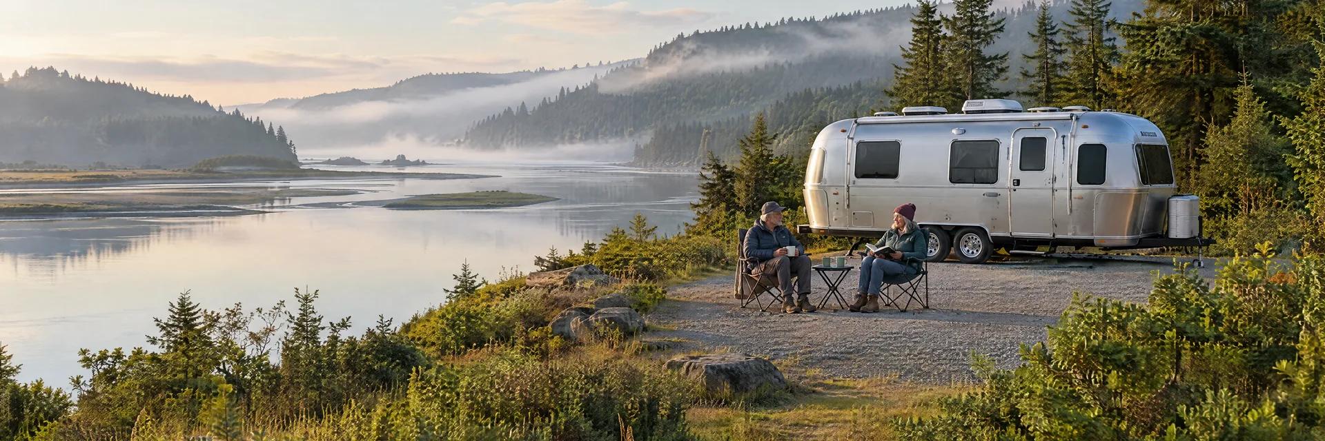 Illustration of campers enjoying relaxing at camp beside a rounded silver travel trailer in a fictional camping setting inspired by Tidewater, OR.