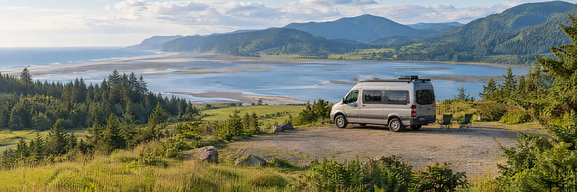 Illustration of a camper van at a fictional camping setting inspired by Tillamook, OR.