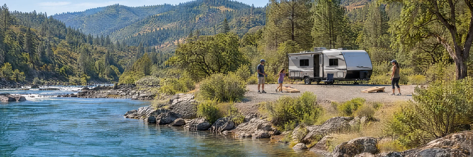 Illustration of campers enjoying family campsite activities beside a compact travel trailer in a fictional camping setting inspired by Trail, OR.