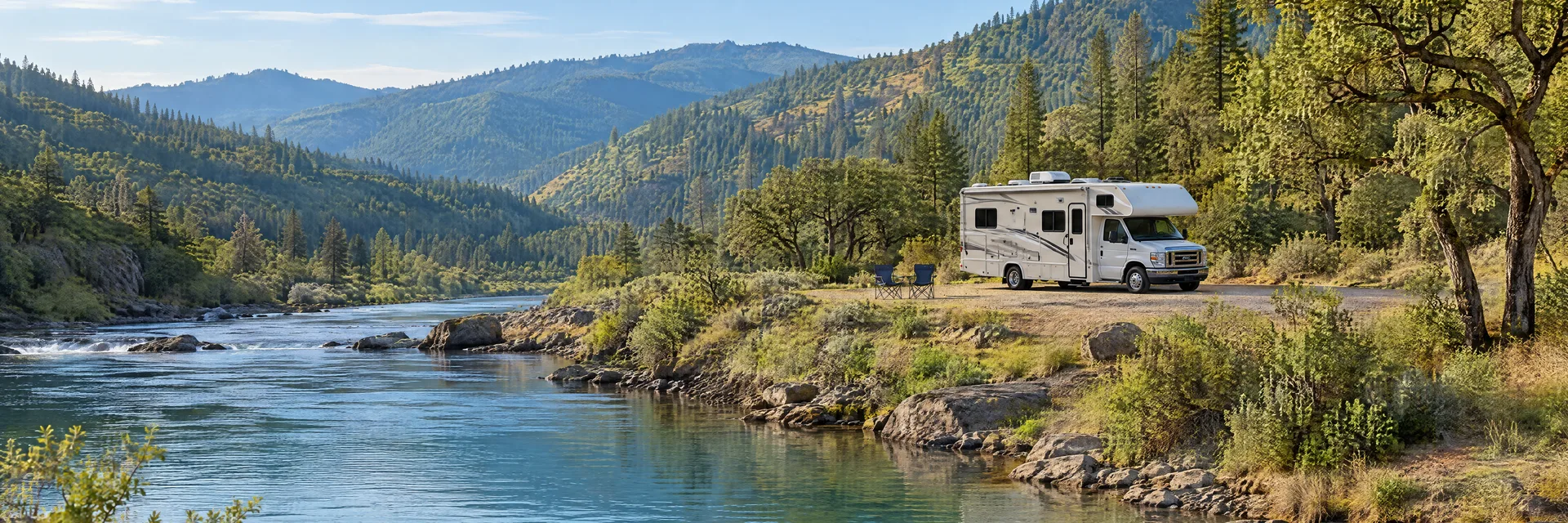 Illustration of a Class C motorhome at a fictional camping setting inspired by Umpqua, OR.