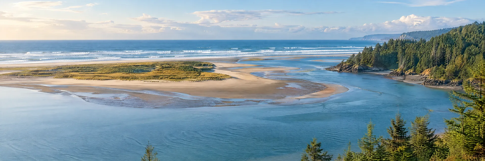 Illustration inspired by WALDPORT, OR: oregon coast estuary with sandbars, evergreen shore and Pacific surf beyond.
