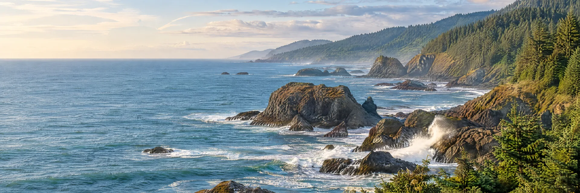 Illustration inspired by Yachats, OR: oregon rocky Pacific shoreline, evergreen-covered coastal hills and ocean spray.