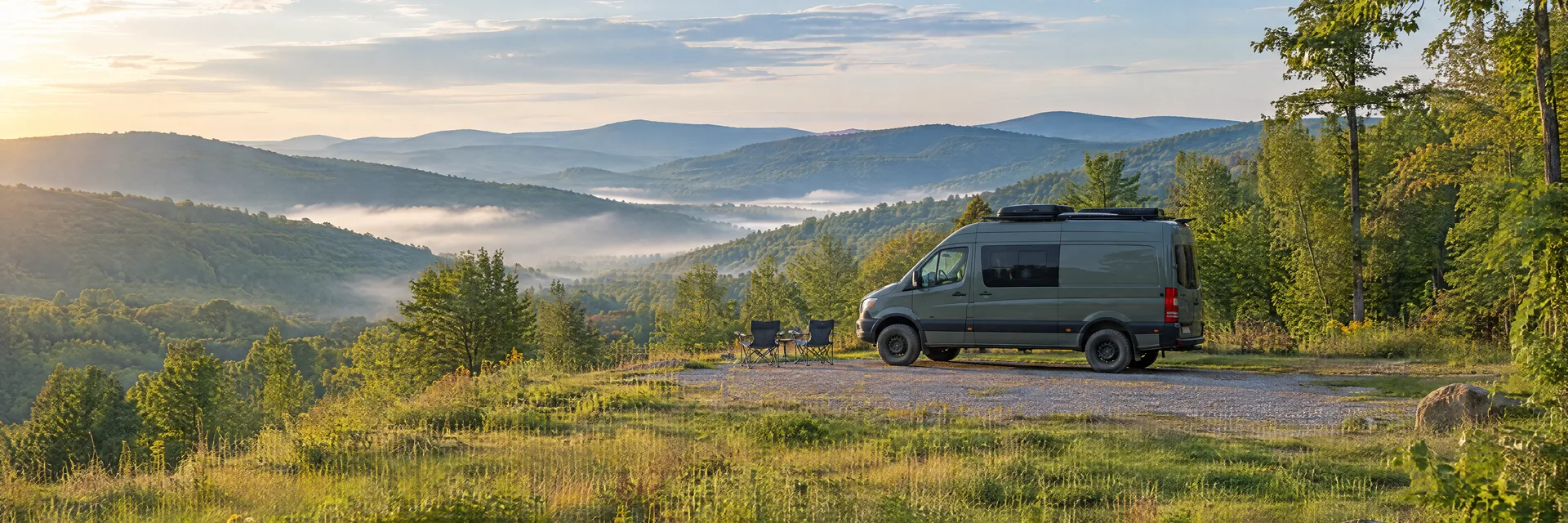 Illustration of a camper van at a fictional camping setting inspired by Benezette, PA.