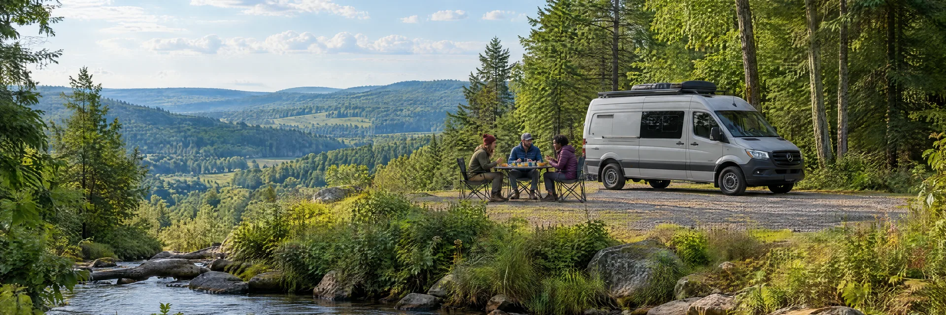 Illustration of campers enjoying an outdoor meal beside a camper van in a fictional camping setting inspired by Bradford, PA.