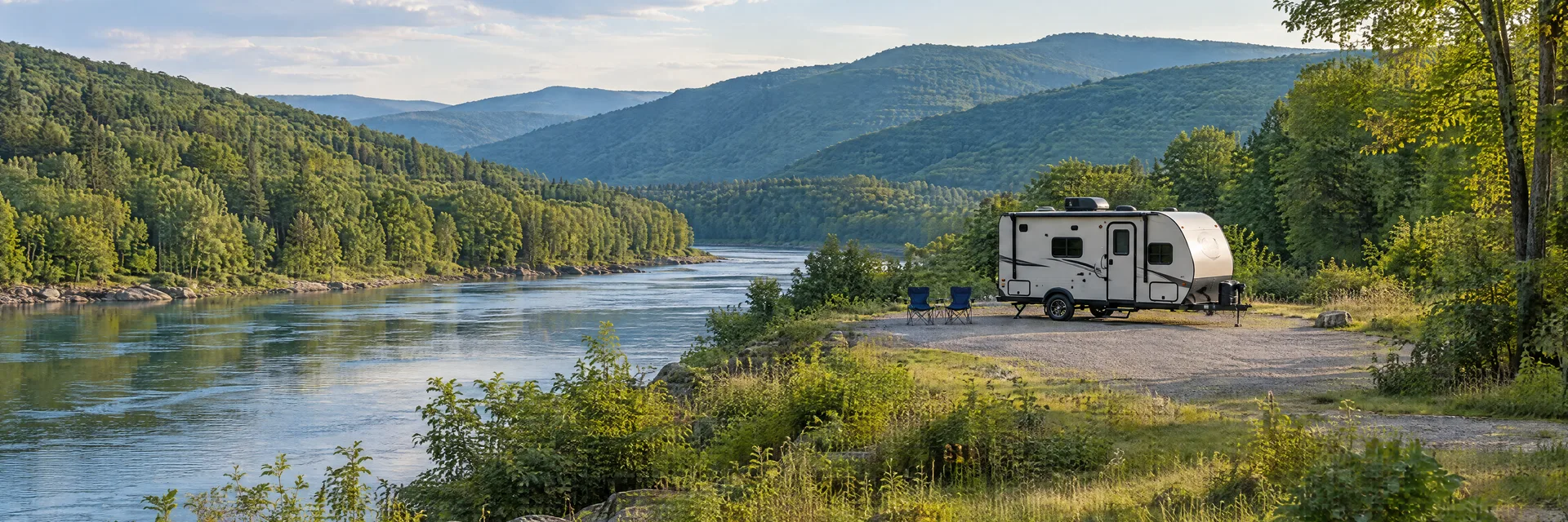 Illustration of a compact travel trailer at a fictional camping setting inspired by Dingmans Ferry, PA.