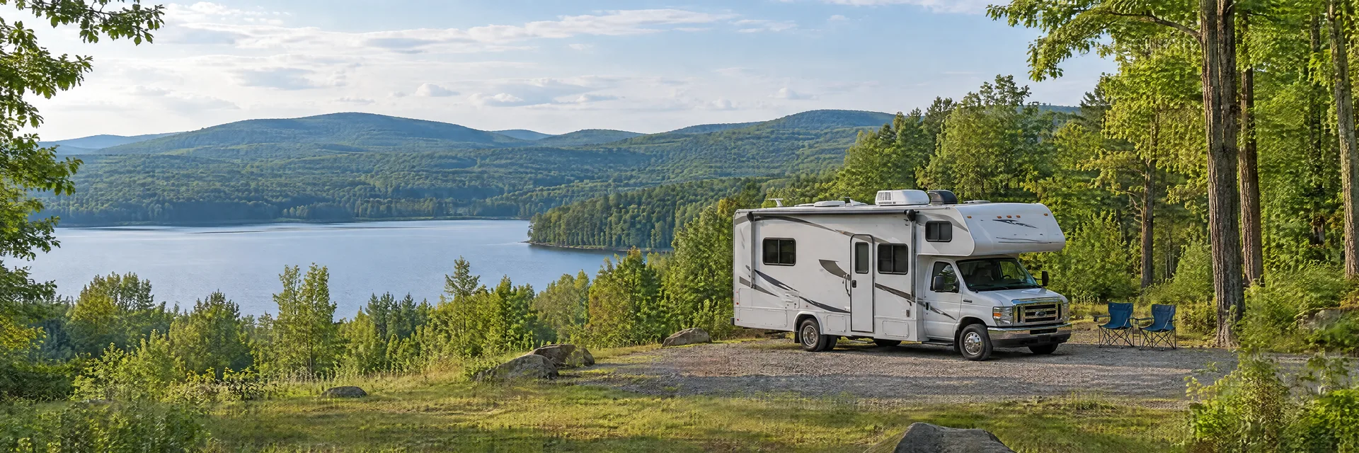 Illustration of a Class C motorhome at a fictional camping setting inspired by DuBois, PA.