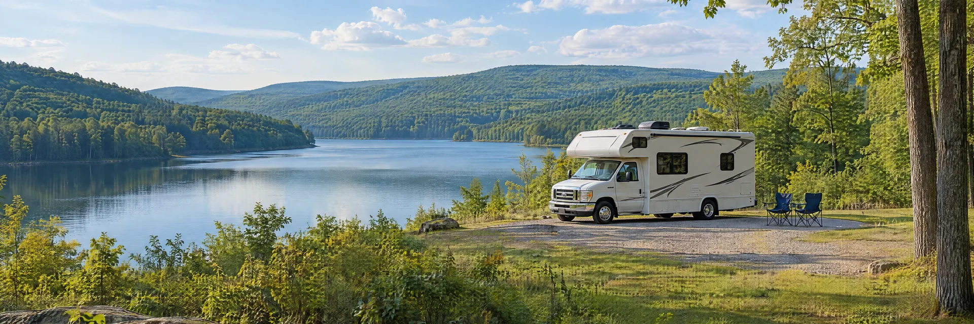 Illustration of a Class C motorhome at a fictional camping setting inspired by Laurel Lake, PA.