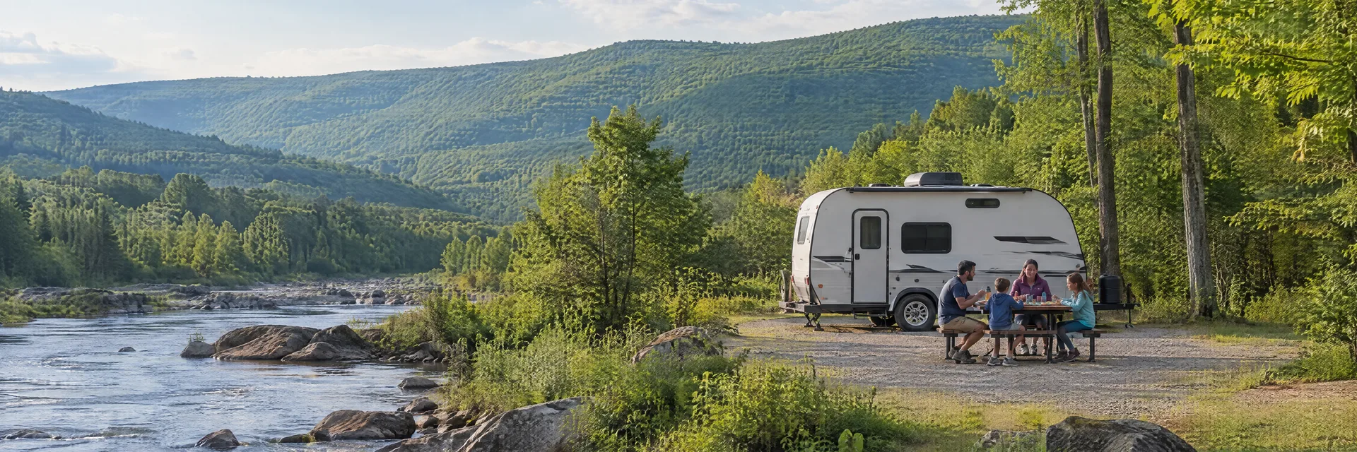 Illustration of campers enjoying a family picnic beside a compact travel trailer in a fictional camping setting inspired by Lehighton, PA.