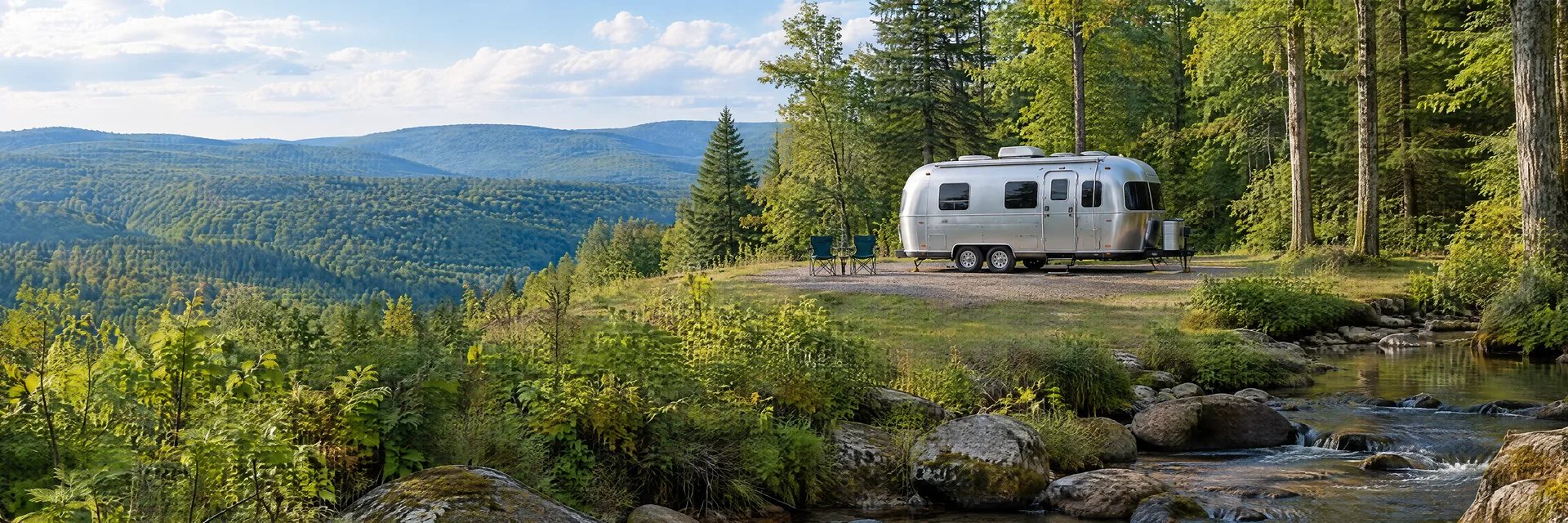 Illustration of a rounded silver travel trailer at a fictional camping setting inspired by Marienville, PA.