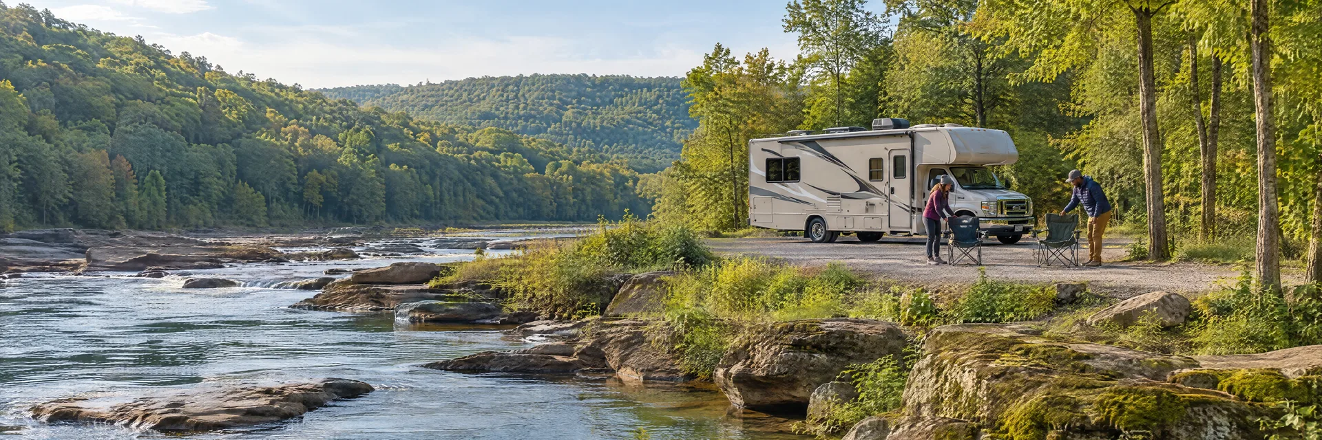Illustration of campers enjoying setting up camp beside a Class C motorhome in a fictional camping setting inspired by Ohiopyle, PA.