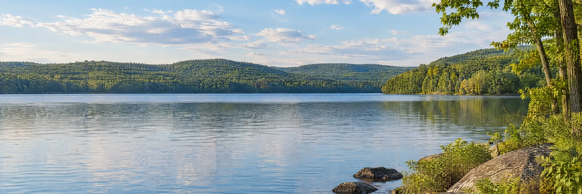 Illustration inspired by QUAKERTOWN, PA: southeastern Pennsylvania lake with hardwood-covered low hills.