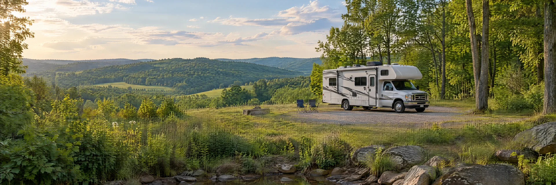 Illustration of a Class C motorhome at a fictional camping setting inspired by SLIPPERY ROCK, PA.